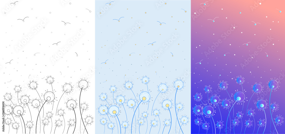Set of black and white and colored elegant dandelion flowers and dandelion seeds flying into the sky Set of black and white and colored elegant dandelion flowers and dandelion seeds flying into the sky
