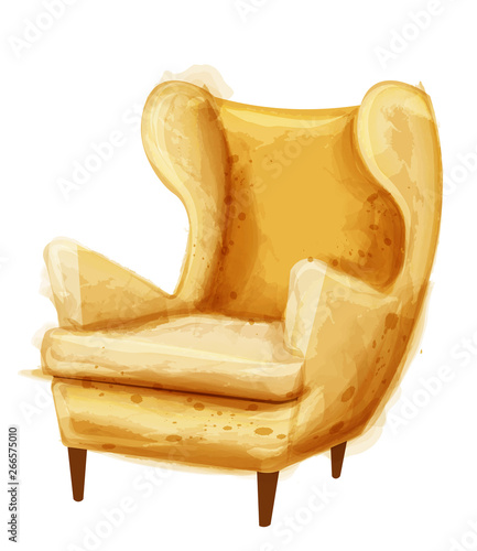 Vintage retro armchair Vector watercolor. Modern style furniture. Old effect designs