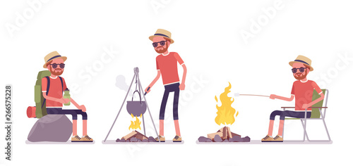 Hiking man resting near campfire. Male tourist with backpacking gear, wearing clothes for outdoor walks, sporting or leisure activity. Vector flat style cartoon illustration isolated, white background