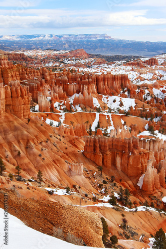 Amazing landscape in Bryce Canyon. Scenic view with red sandstone natural sculptures covered by snow in the Bryce Canyon National Park, Utah, Southwest USA. Vertical composition. 