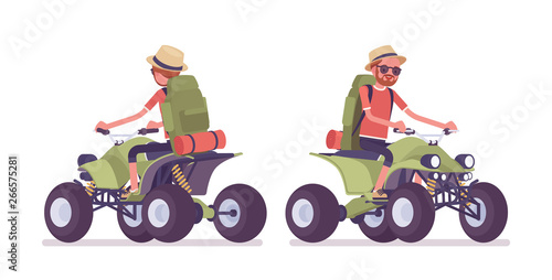 Hiking man riding atv quad bike. Male tourist with backpacking gear, wearing clothes for outdoor walks, sporting or leisure activity. Vector flat style cartoon illustration isolated, white background