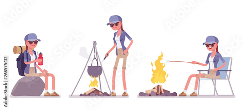 Hiking woman resting at campfire. Female tourist with backpacking gear, wearing clothes for outdoor walks, sporting, leisure activity. Vector flat style cartoon illustration isolated, white background