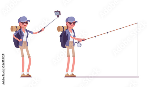 Hiking woman selfie, fishing. Female tourist with backpacking gear, wearing clothes for outdoor walks, sporting or leisure activity. Vector flat style cartoon illustration isolated, white background
