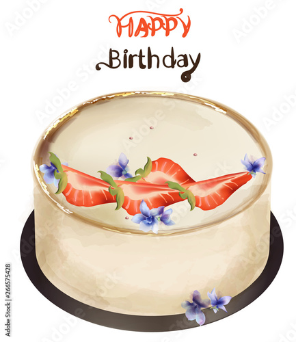 Happy birthday cake Vector watercolor. Sweet delicious dessert cards