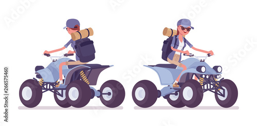 Hiking woman riding atv quad bike. Female tourist with backpacking gear, wearing clothes for outdoor walk, sporting, leisure activity. Vector flat style cartoon illustration isolated, white background
