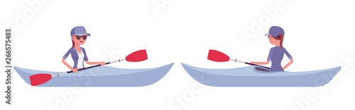 Hiking woman in a boat. Female tourist travelling over water, rowing with paddle, in clothes for outdoor sporting, leisure activity. Vector flat style cartoon illustration isolated, white background
