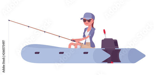 Hiking woman fishing in inflatable boat. Female tourist travelling over water, wearing clothes for outdoor sporting, leisure activity. Vector flat style cartoon illustration isolated, white background