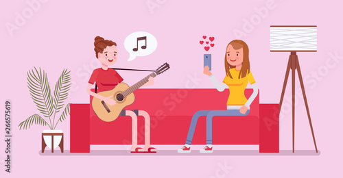 Roommate friends streaming. Happy young girls record playing guitar, singing, listening to music, watching in real time, show and enjoy internet videos and webcasts of live events. Vector illustration