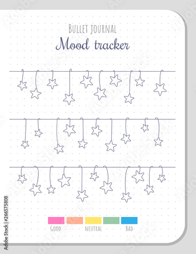 Mood tracker with hanging stars. Bullet journal blank template. Planner for 31 days of a month.