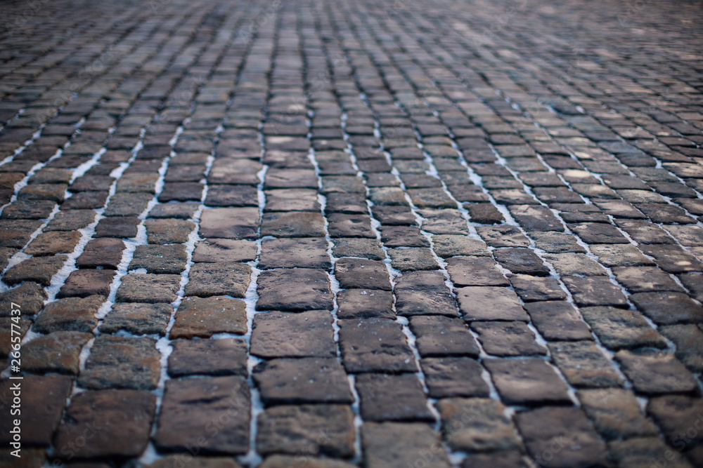 Fototapeta premium Stone pavement in perspective. Old street paved with stone blocks. Shallow depth of field. Vintage grunge texture.
