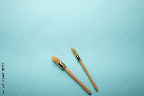 top view of two brushes on blue surface