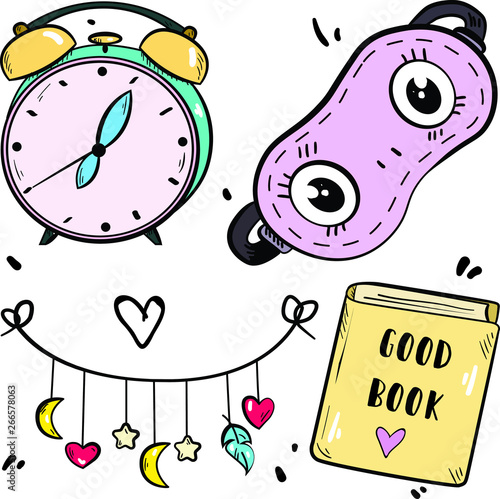 Vector color set of illustration with cute elements. Alarm clock, sleeping mask, garland and book on white background. Logo and postcard ideas. Good for printing.