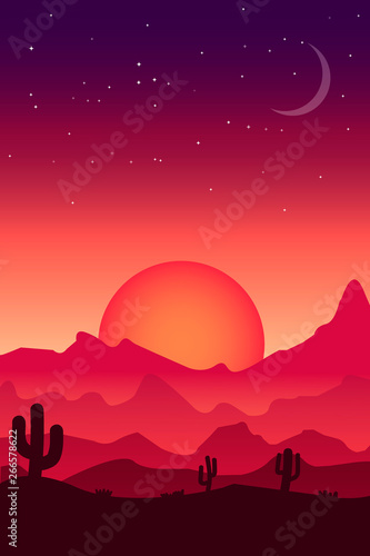 Landscape illustration desert in reddish tones. Sunset desert landscape. Ready to use in decorations  painting and wallpapers.