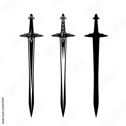 antique knight swords - detailed blades black and white vector outline and silhouette set