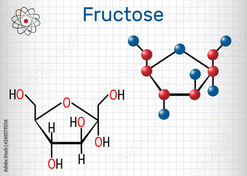 Fructose, aalpha-D-fructofuranose molecule. Cyclic form. Structural chemical formula and molecule model. Sheet of paper in a cage