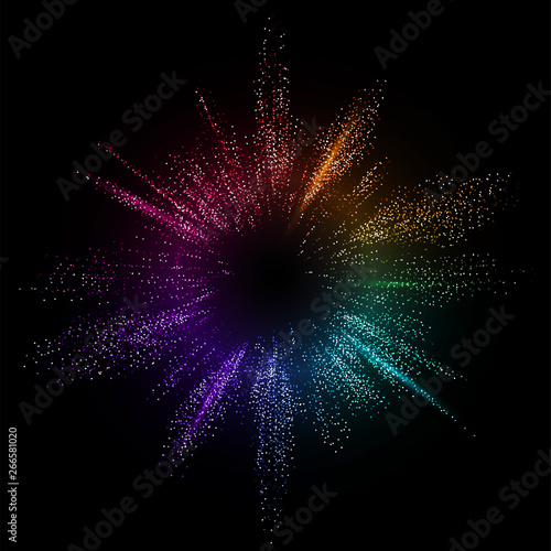 Burst color vector background. Dot liquid flow 3d design illustration. Geometric dynamic particles explosion concept