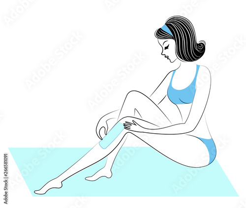 Profile of two girls. The ladies make depilation of their legs themselves. Remove the hair with a gel, wax and epilator. Vector illustration