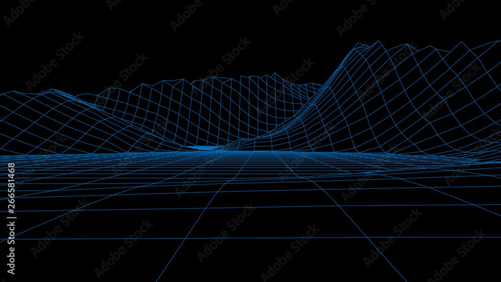 Naklejka premium Abstract vector wireframe landscape. Abstract mesh background. Polygonal mountains. Vector illustration.