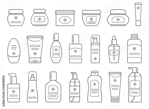 Set of different cosmetic products. Isolated on white background. Outline collection icons for web design. Vector illustration.