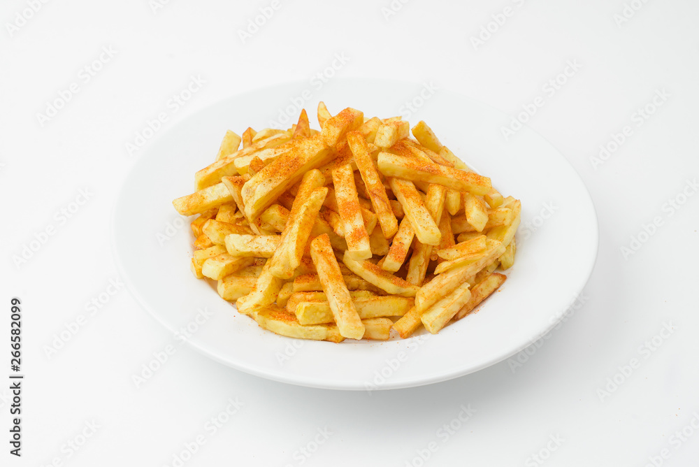 french fries on a plate isolated on white background french fries on a plate isolated on white background