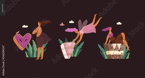 Dessert font ABC- modern flat vector concept digital illustration of temptation font, sweet lettering and girls. Caramel, toffee, biscuit, waffle, cookie, cream and chocolate letters