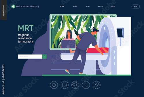 Medical tests template - MRT - magnetic resonance tomography - modern flat vector concept digital illustration of MRI procedure - a patient in the scanner and doctor, medical office or laboratory