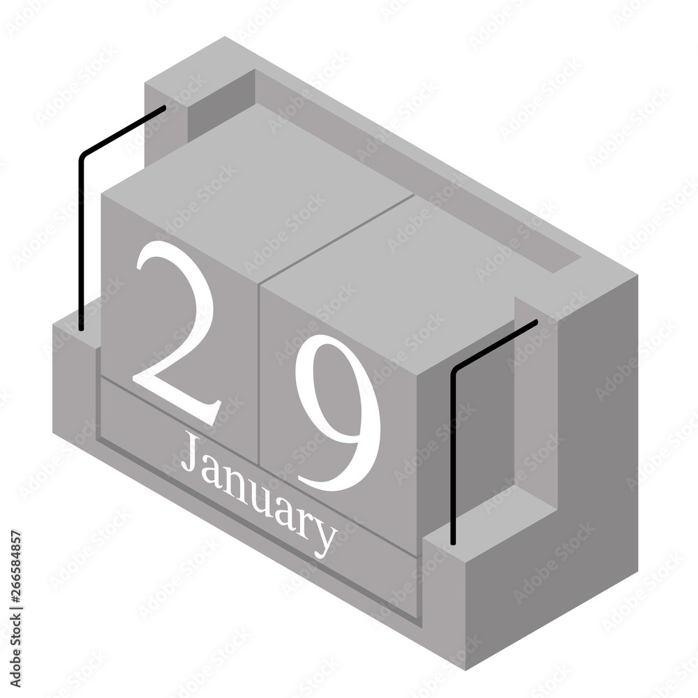January 29th date on a single day calendar. Gray wood block calendar present date 29 and month January isolated on white background. Holiday. Season. Vector isometric illustration January 29th date on a single day calendar. Gray wood block calendar present date 29 and month January isolated on white background. Holiday. Season. Vector isometric illustration