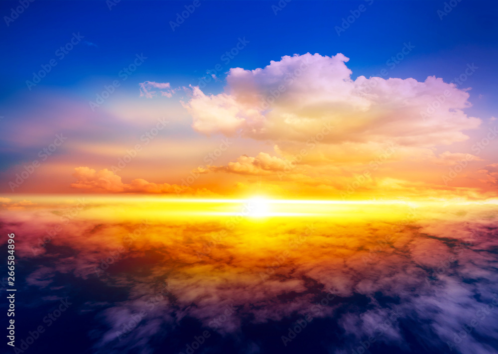  Beautiful heavenly landscape with the sun in the clouds . View of clouds from high altitude . Paradise heaven  . light about the sky .