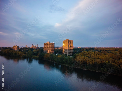 Aerial, Chemin du Club Marin Apartments Condominiums on Nun's Island, at sunset, Montreal, Quebec © Vito
