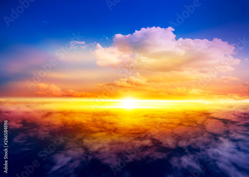  Beautiful heavenly landscape with the sun in the clouds . View of clouds from high altitude . Paradise heaven . light about the sky .