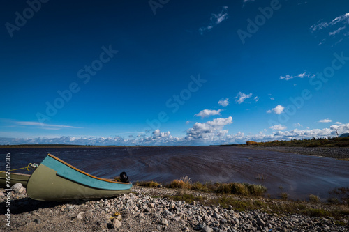Cree Freighter Canoe on the shore of James Bay at Eastmain, Quebec, summer