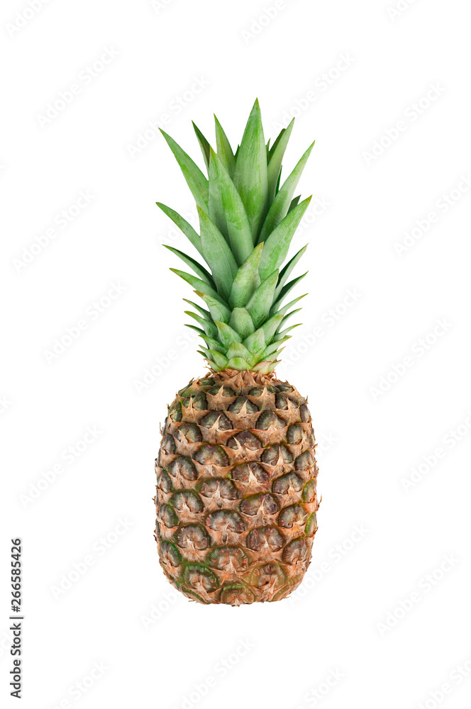 Single whole fresh ripe pineapple with green leaves isolated on white background. Vertical orientation Single whole fresh ripe pineapple with green leaves isolated on white background. Vertical orientation