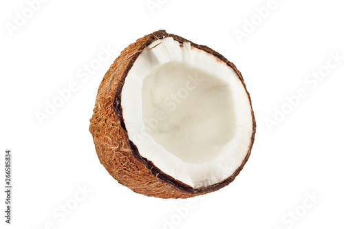 One half of hard hairy fresh raw coconut of brown color with juicy pulp isolated on white background