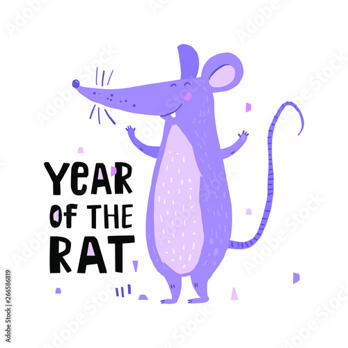 Happy rat symbol chinese happy new year. Color sketch cute mouse.  Christmas celebration, New Year design for greeting card made in vector