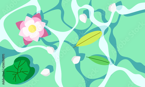 the top view of calmly flat lotus flower, leaves and petal on clean water pond peacefully illustration