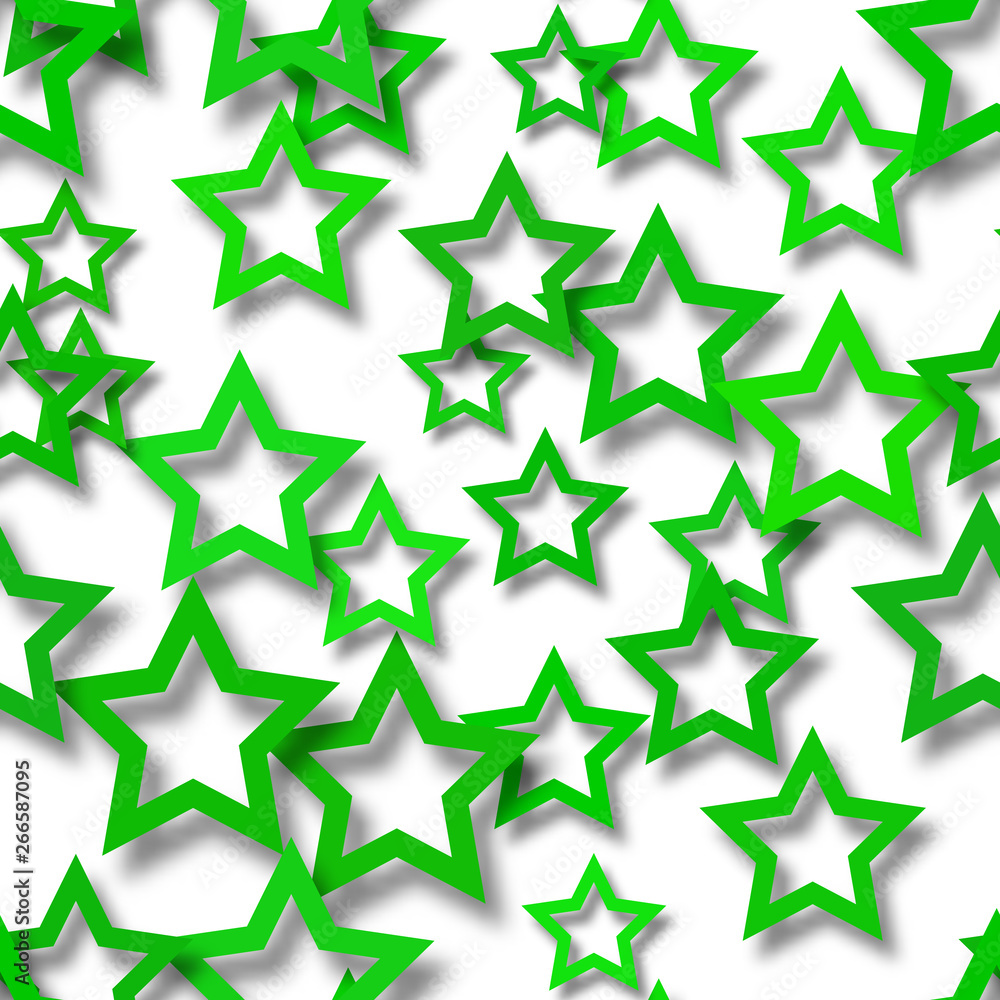 Abstract seamless pattern of randomly arranged green stars with soft shadows on white background Abstract seamless pattern of randomly arranged green stars with soft shadows on white background