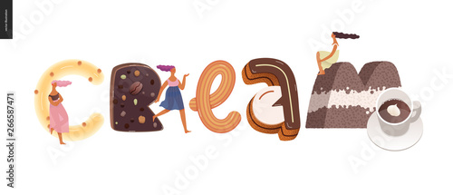 Dessert lettering - Cream - modern flat vector concept digital illustration of temptation font, sweet lettering and girls. Caramel, toffee, biscuit, waffle, cookie, cream and chocolate letters