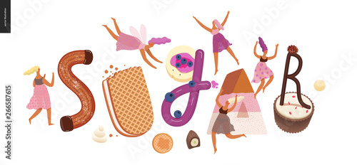 Dessert lettering - Sugar - modern flat vector concept digital illustration of temptation font, sweet lettering and girls. Caramel, toffee, biscuit, waffle, cookie, cream and chocolate letters