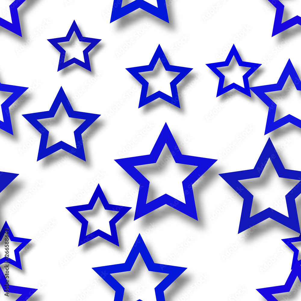 Obraz premium Abstract seamless pattern of randomly arranged blue stars with soft shadows on white background