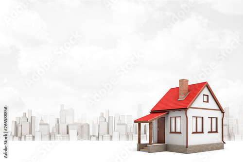 3d rendering of white house with red roof on white city skyscrapers background