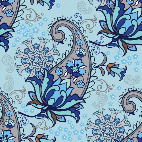 Oriental seamless paisley pattern. Floral wallpaper. Decorative ornamen. Indigo traditional paisley pattern.