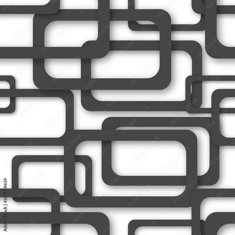 Abstract seamless pattern of randomly arranged black rectangle frames with soft shadows on white background