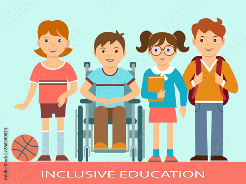 Happy group of kids with a boy in a wheelchair.  Cartoon characters. Concept of integration and inclusive education.