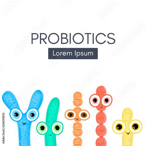 Probiotics. Lactic acid bacterium. Bifidobacterium, lactobacillus, streptococcus thermophilus, lactococcus, propionibacterium. Microbiome. Microbiota. Cute characters. Gastrointestinal health. Vector
