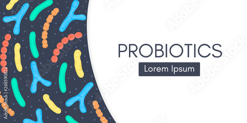 Probiotics. Bifidobacterium, lactobacillus, streptococcus thermophilus, lactococcus, propionibacterium. Medicine or dietary supplement for gastrointestinal health. Banner, header, landing page. Vector