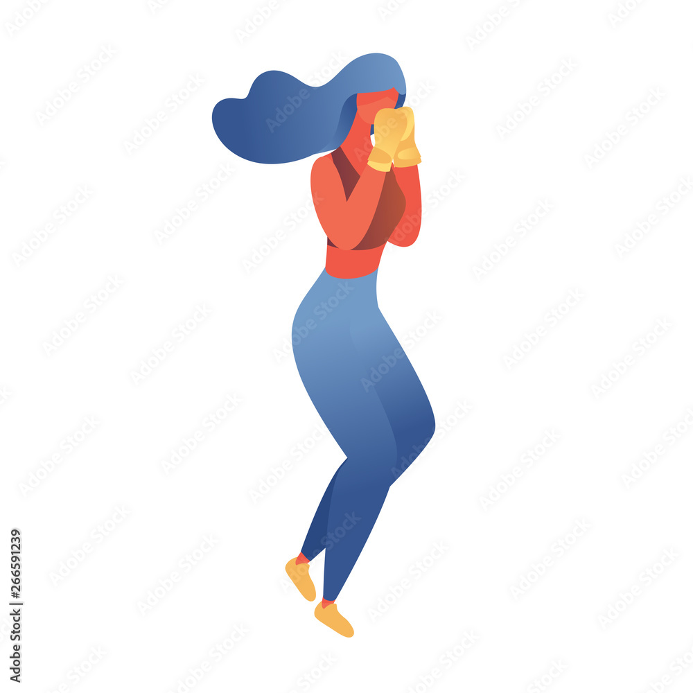 Flat contemporary woman training boxing. Isolated on white vector character illustration drawn with vivid gradients, in protective gloves Flat contemporary woman training boxing. Isolated on white vector character illustration drawn with vivid gradients, in protective gloves