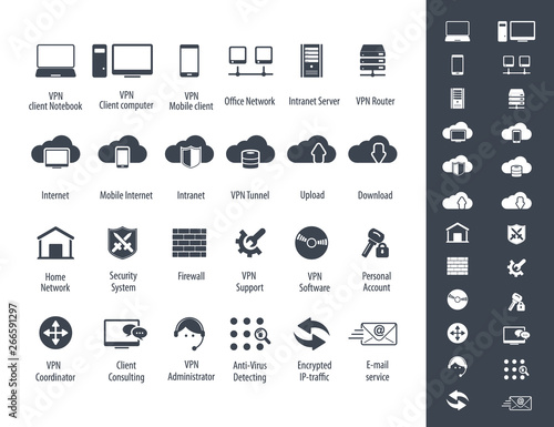  Virtual Private Network vector icons set. 24 VPN editable vector icons for video, mobile apps, Web sites and print projects.