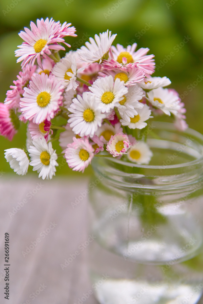 Bouquet of daisies flowers in a glass jar vase in summer on wooden boards in the garden on a green background Bouquet of daisies flowers in a glass jar vase in summer on wooden boards in the garden on a green background