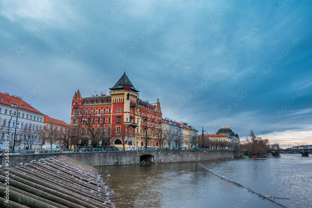 beautiful winter landscape of Prague city and Vltava river in Czech Republic