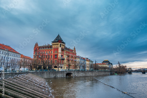 beautiful winter landscape of Prague city and Vltava river in Czech Republic